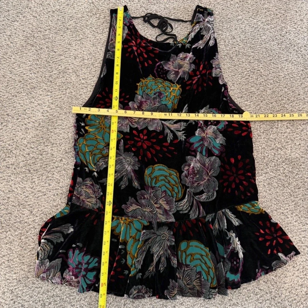 Free People‎ Black Floral Burnout Velvet Peplum Tunic Top Open Tie Back Medium